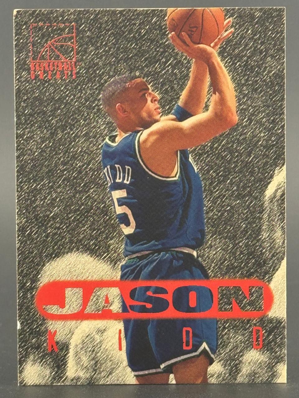Trading card of Jason Kidd, #5, shooting a basketball against a sketched, cross-hatched background.