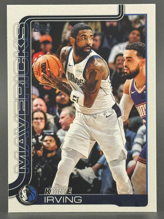 Kyrie Irving trading card featuring him holding a basketball in a Mavericks uniform, with "MAVERICKS" on the left.