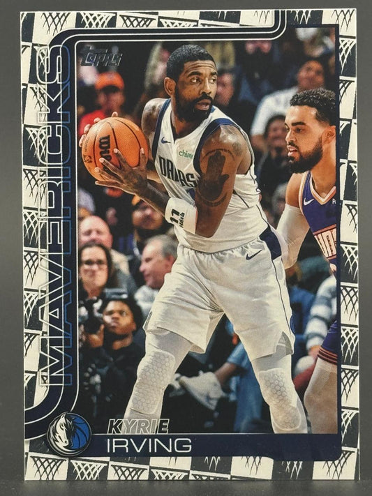 Kyrie Irving Topps trading card with Mavericks border, holding a basketball on court.