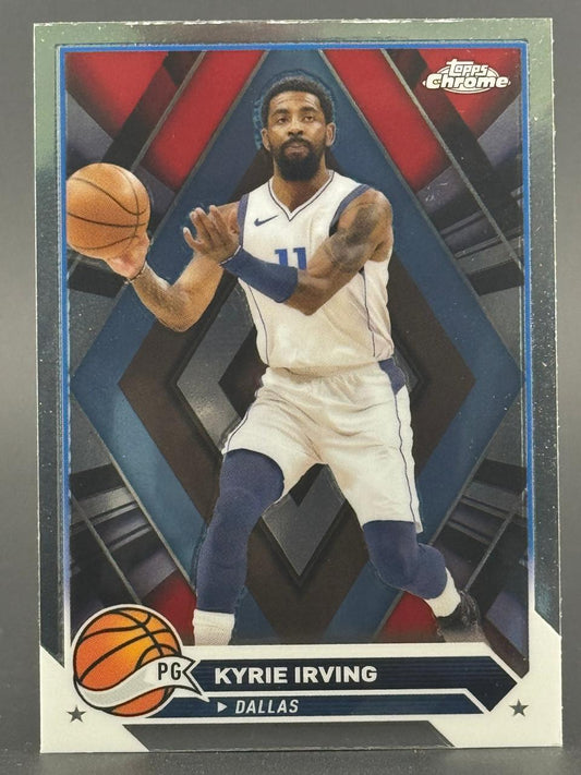 Kyrie Irving Topps Chrome trading card showing him in a white Dallas jersey with a basketball.