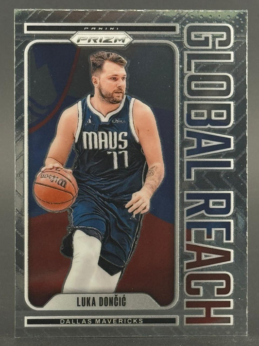 Luka Dončić 2021-22 Panini Prizm Global Reach trading card dribbling.