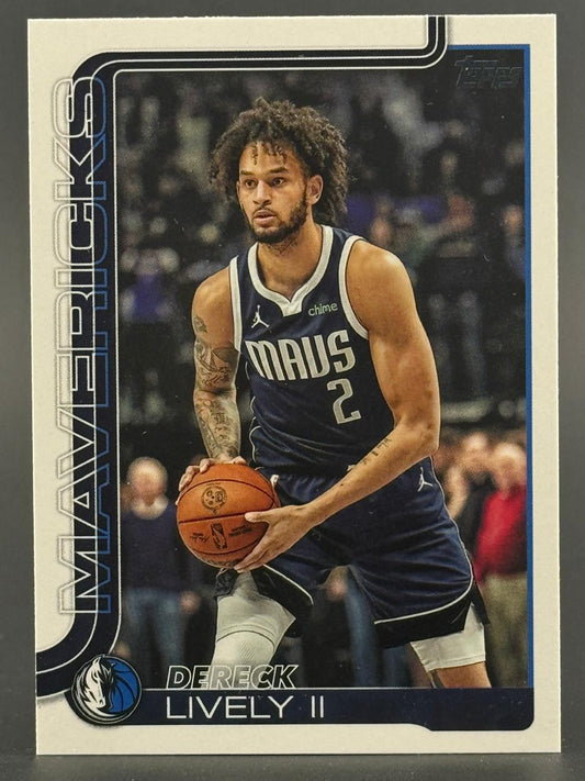 Dereck Lively II basketball card featuring the player in a Mavericks uniform holding a basketball.
