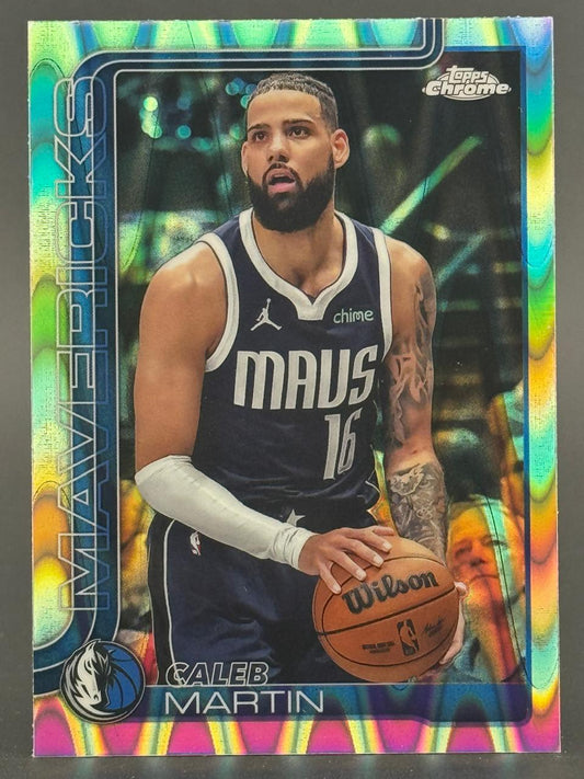 Caleb Martin Topps Chrome basketball card showing him in a Mavericks jersey holding a basketball.