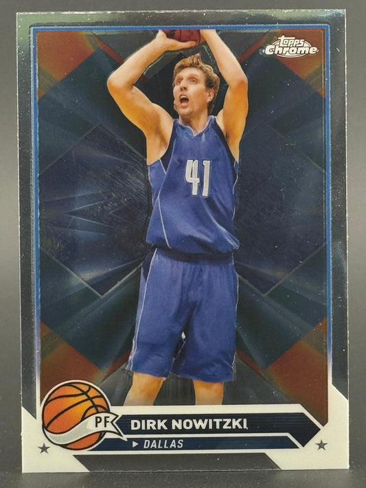 Dirk Nowitzki Topps Chrome trading card, showing him in a blue Dallas uniform shooting a basketball.