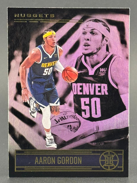 Aaron Gordon trading card featuring a cutout of him in a Nuggets uniform and a purple-toned action shot.