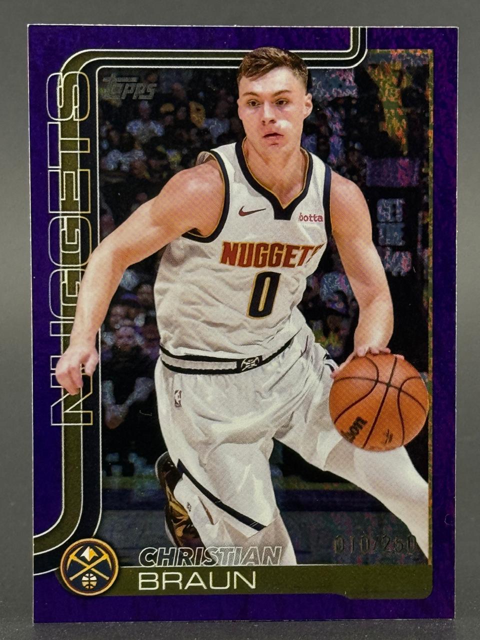 2023 Topps Chrome Christian Braun basketball card, number 010/250, showing Braun dribbling in a Nuggets uniform.