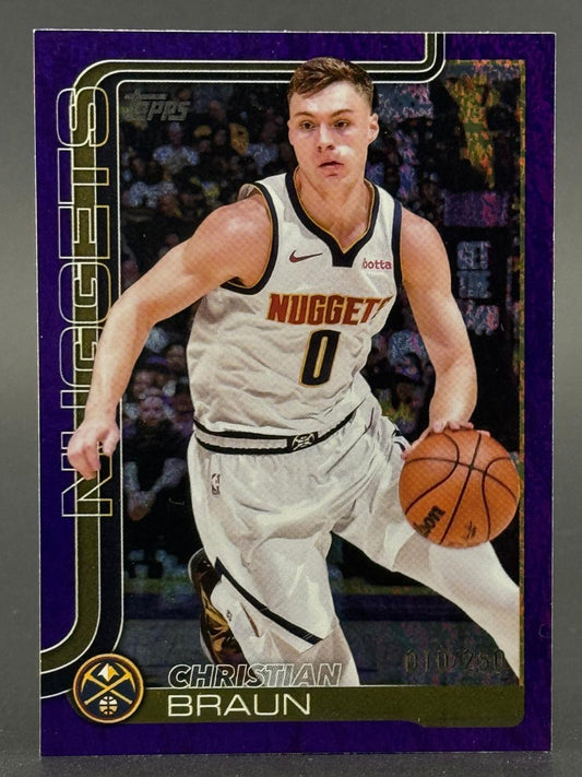 2023 Topps Chrome Christian Braun basketball card, number 010/250, showing Braun dribbling in a Nuggets uniform.