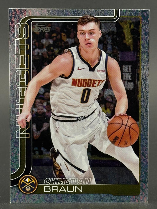 Christian Braun Denver Nuggets trading card, dribbling a basketball on a sparkly purple bordered card.