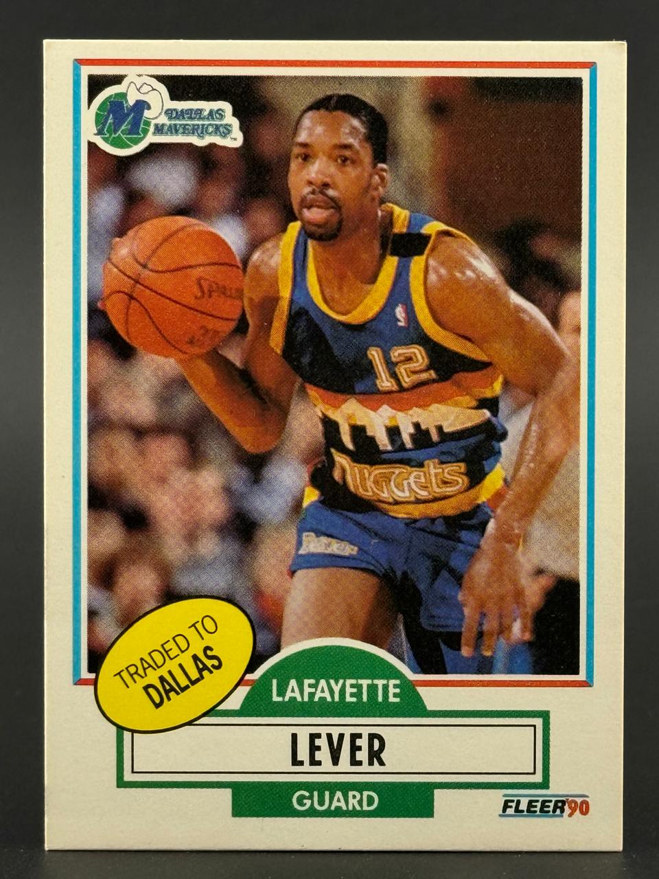 1990 Fleer Lafayette Lever basketball card #12, showing the guard dribbling in a Nuggets uniform.