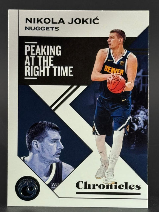 Nikola Jokić basketball trading card, Chronicles set, featuring "Peaking at the Right Time" text.
