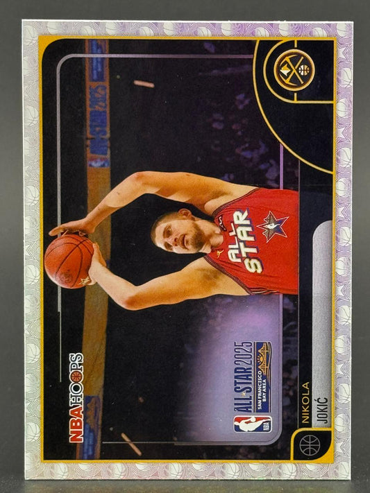 Nikola Jokić 2025 NBA Hoops All-Star trading card holding a basketball.