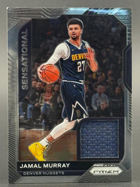 Jamal Murray Denver Nuggets trading card, Panini Prizm Sensational insert with jersey swatch.