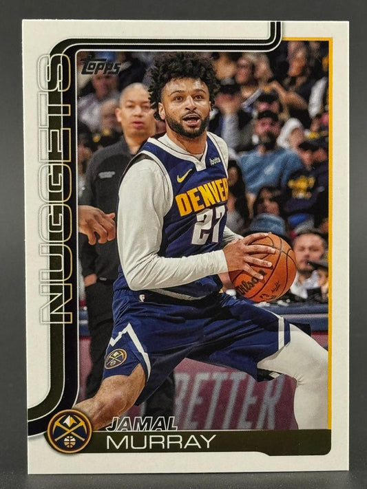 Jamal Murray trading card featuring him holding a basketball in a Denver Nuggets uniform.