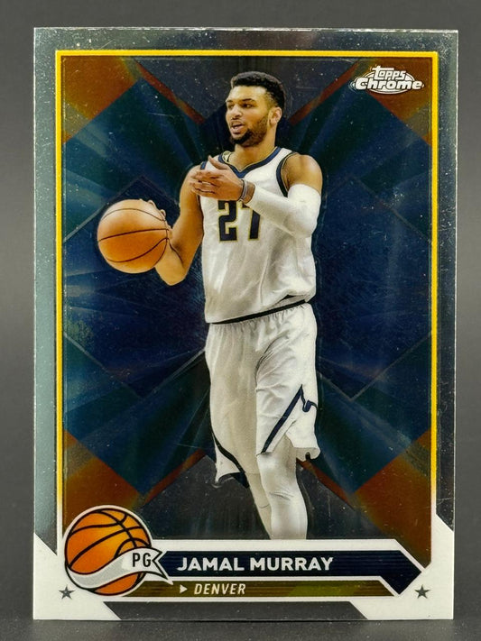Jamal Murray Topps Chrome basketball card showing him in a Denver uniform dribbling.