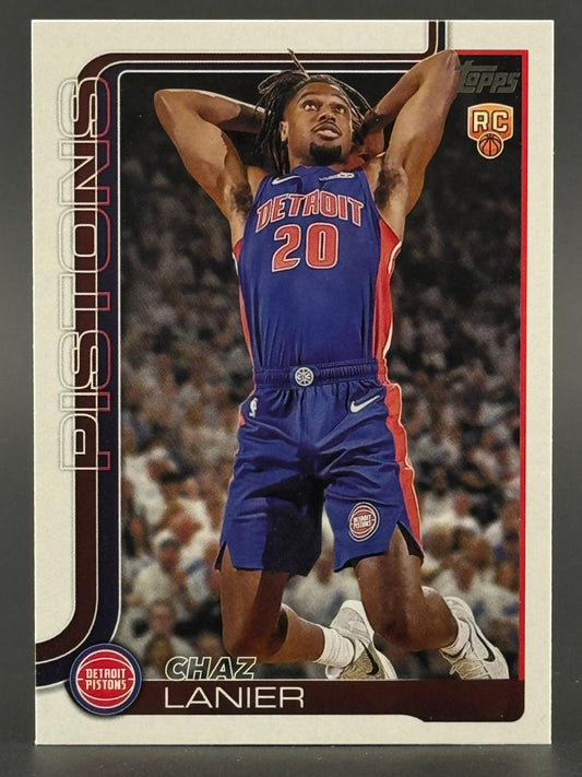 Chaz Lanier rookie trading card, Topps Detroit Pistons, hands behind head.