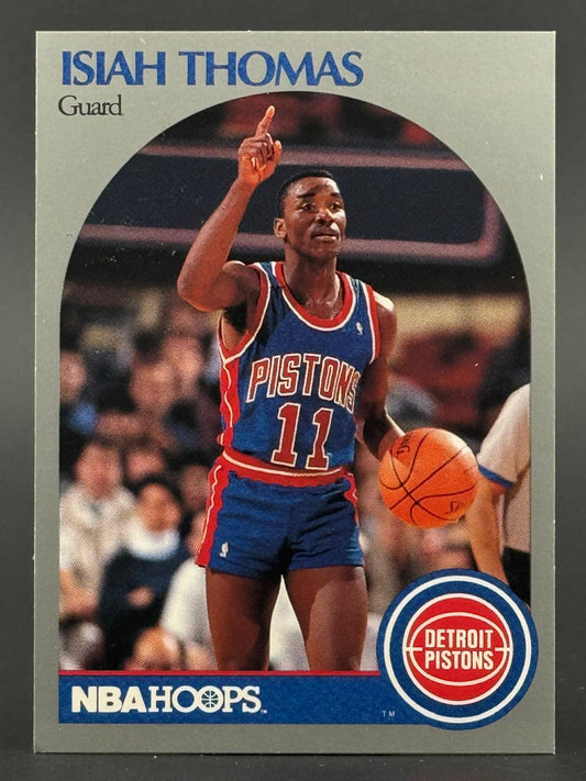 1989-90 NBA Hoops Isiah Thomas trading card #172, featuring the Pistons guard pointing up while holding a basketball.
