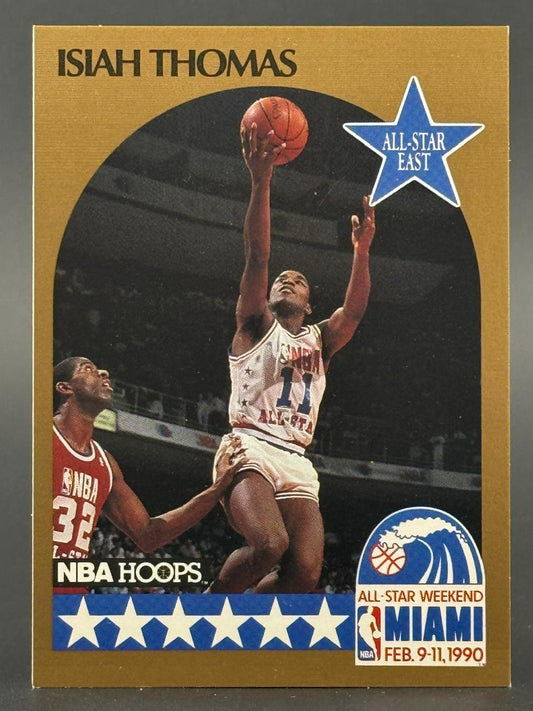 1990 NBA Hoops Isiah Thomas trading card #382, featuring him shooting a basketball in an All-Star game.