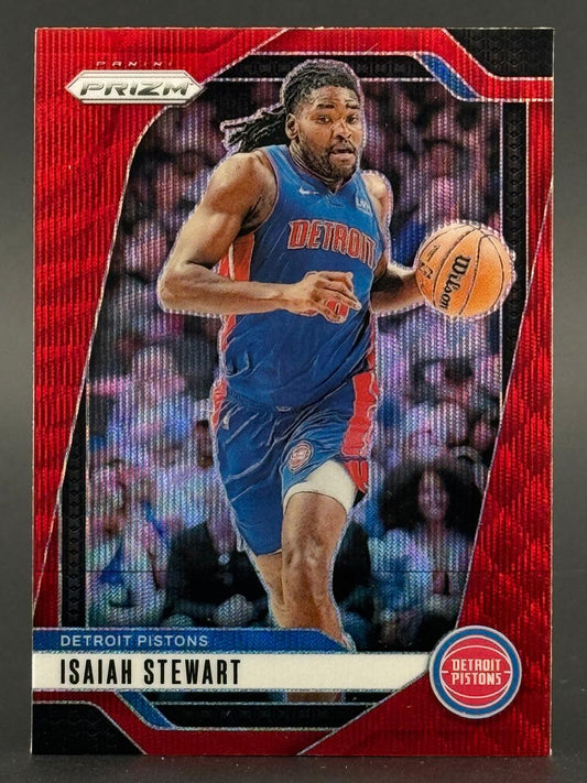 Isaiah Stewart 2021-22 Panini Prizm Red Wave basketball trading card dribbling a ball.