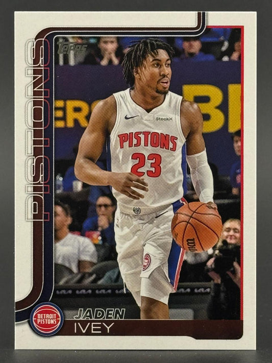 Jaden Ivey basketball trading card featuring him in a white Pistons uniform dribbling a ball.