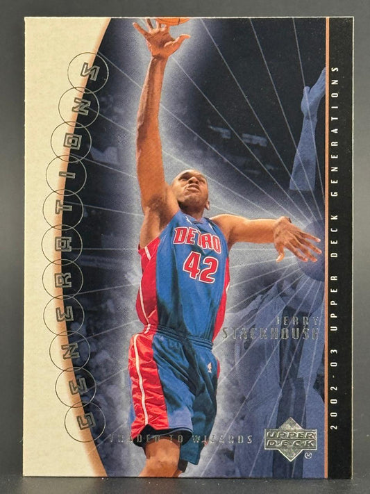 2002-03 Upper Deck Generations Jerry Stackhouse basketball card showing him shooting in a Pistons uniform.