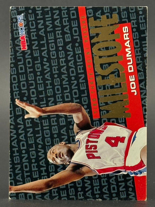 Joe Dumars 1993-94 NBA Hoops Milestone trading card featuring him in his Detroit Pistons uniform.