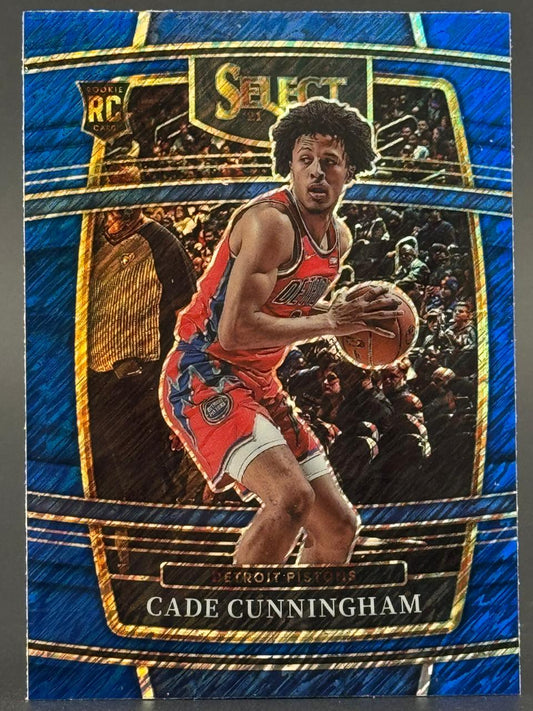 2021 Panini Select Cade Cunningham rookie card with blue cracked ice parallel.