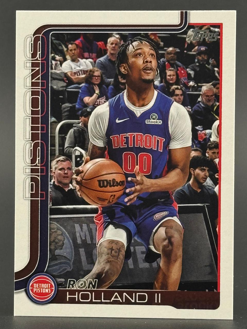Ron Holland II Topps basketball card, depicting him in a Detroit Pistons uniform holding a basketball.