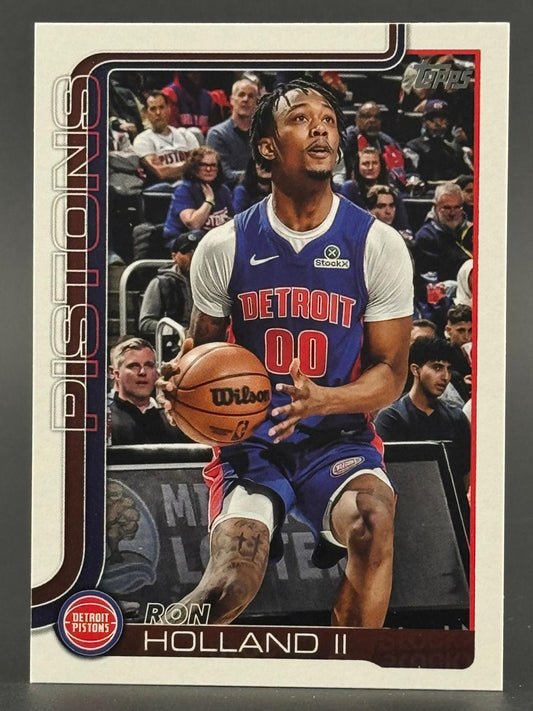 Ron Holland II Topps basketball card, depicting him in a Detroit Pistons uniform holding a basketball.