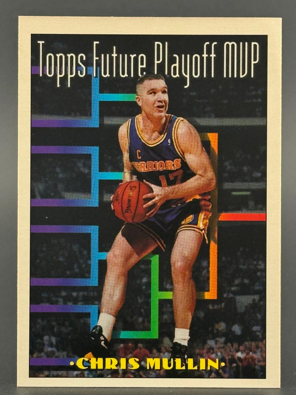 Chris Mullin basketball trading card, Topps Future Playoff MVP set, holding a ball in a Warriors uniform.
