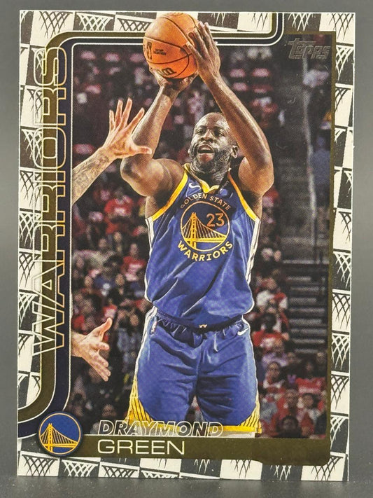 Draymond Green basketball trading card showing him shooting while wearing a blue Golden State Warriors uniform.