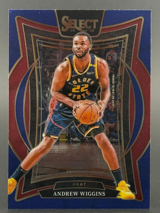 2024-25 Select Andrew Wiggins trading card featuring him in uniform holding a basketball.