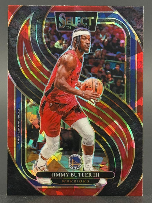 24-25 Panini Select Jimmy Butler III Warriors basketball card with a colorful geometric refractive design.