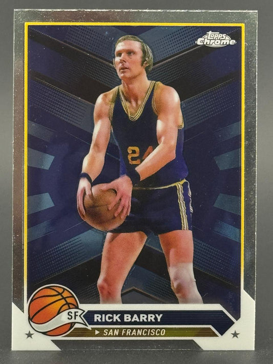Rick Barry Topps Chrome basketball card, holding a ball in uniform.