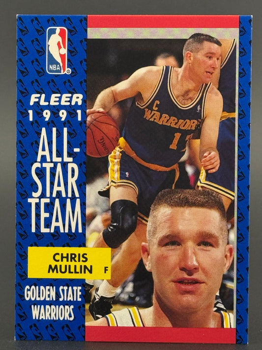 1991 Fleer All-Star Team Chris Mullin trading card featuring a portrait and action shot of the Golden State Warriors player.