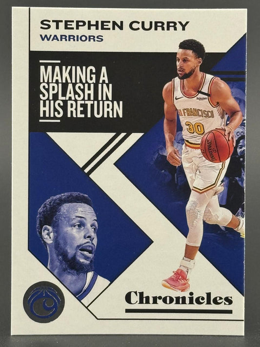 Stephen Curry trading card, Chronicles set, featuring "Making a Splash in His Return" text and dual player images.