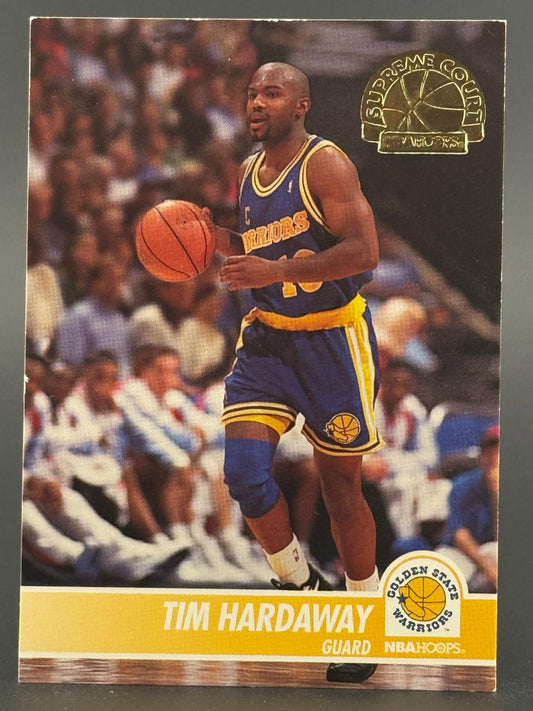 Tim Hardaway 1992-93 NBA Hoops Supreme Court trading card, featuring him dribbling in a Golden State Warriors uniform.