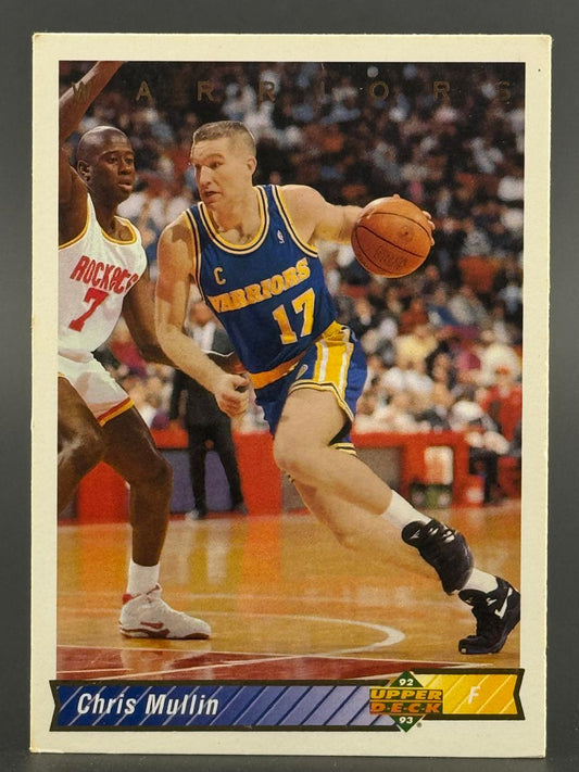 1992-93 Upper Deck Chris Mullin basketball card featuring Mullin dribbling past a Rockets defender.