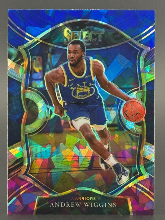2021-22 Select Andrew Wiggins Warriors basketball card with a blue stained-glass refractor background.