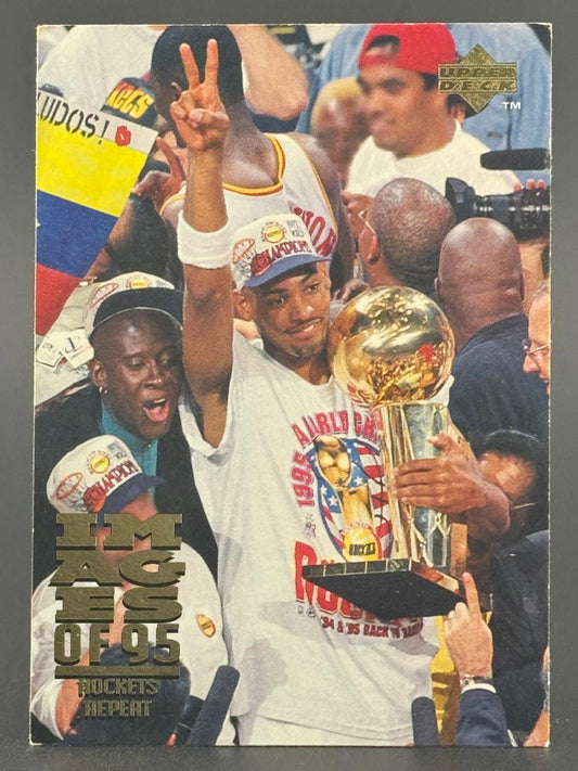 1995 Upper Deck Images of '95 trading card featuring a Houston Rockets player holding the championship trophy.