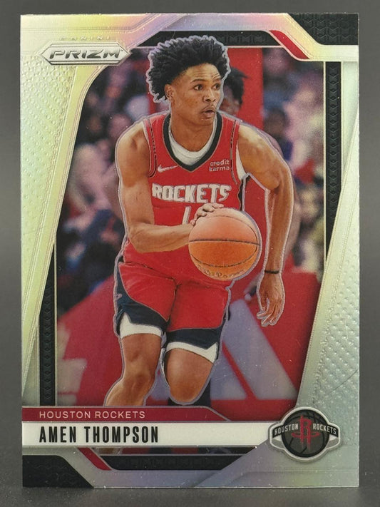 Amen Thompson trading card, Panini Prizm, featuring the Houston Rockets player dribbling a basketball.