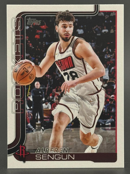 Alperen Sengun basketball trading card, Topps set, featuring Sengun dribbling in a Rockets uniform.