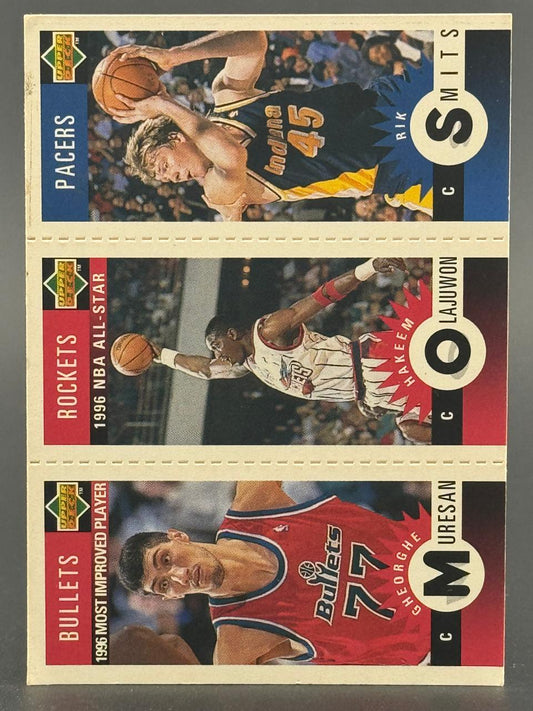 1996 Upper Deck basketball cards sheet featuring Rik Smits, Hakeem Olajuwon, and Gheorghe Muresan.