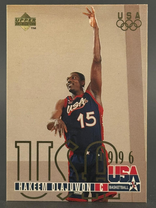 1996 Upper Deck USA Basketball trading card featuring Hakeem Olajuwon, card number 196.