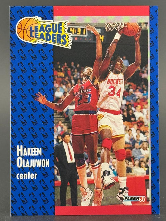 1991 Fleer League Leaders Hakeem Olajuwon basketball card.