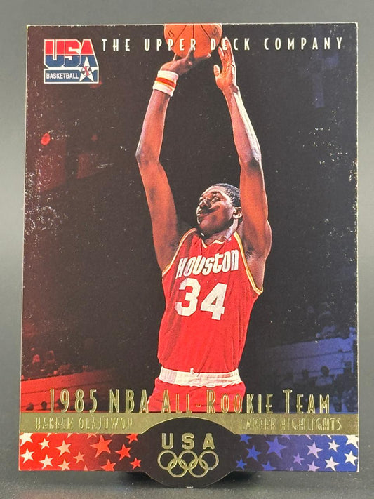 Hakeem Olajuwon 1992 Upper Deck USA Basketball trading card #34 shooting a basketball.