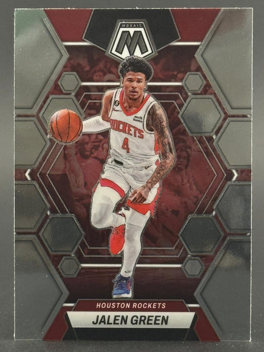 Jalen Green Houston Rockets basketball card, Panini Mosaic set, dribbling with a basketball.