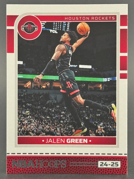24-25 NBA Hoops trading card of Jalen Green dunking for the Houston Rockets.