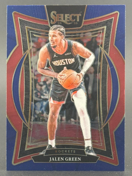 2024-25 Select Jalen Green basketball card featuring him in a Houston Rockets uniform holding a basketball.
