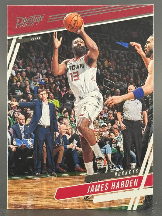 2020 Prestige James Harden basketball card, #13, showing him shooting in a Rockets uniform.