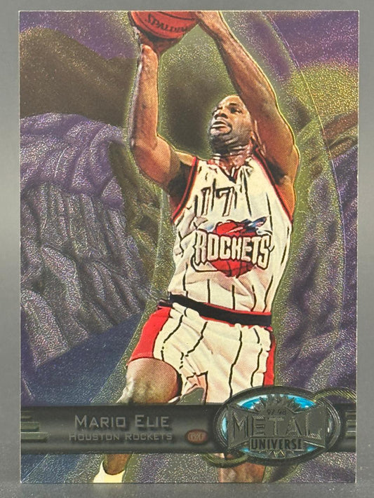 1997-98 Metal Universe Mario Elie basketball card featuring him shooting in a Rockets uniform.
